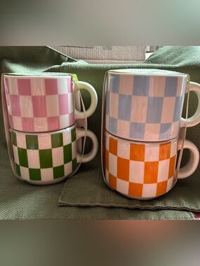 Checkerboard Ceramic Mug Set - Pink, Green, Blue, Orange